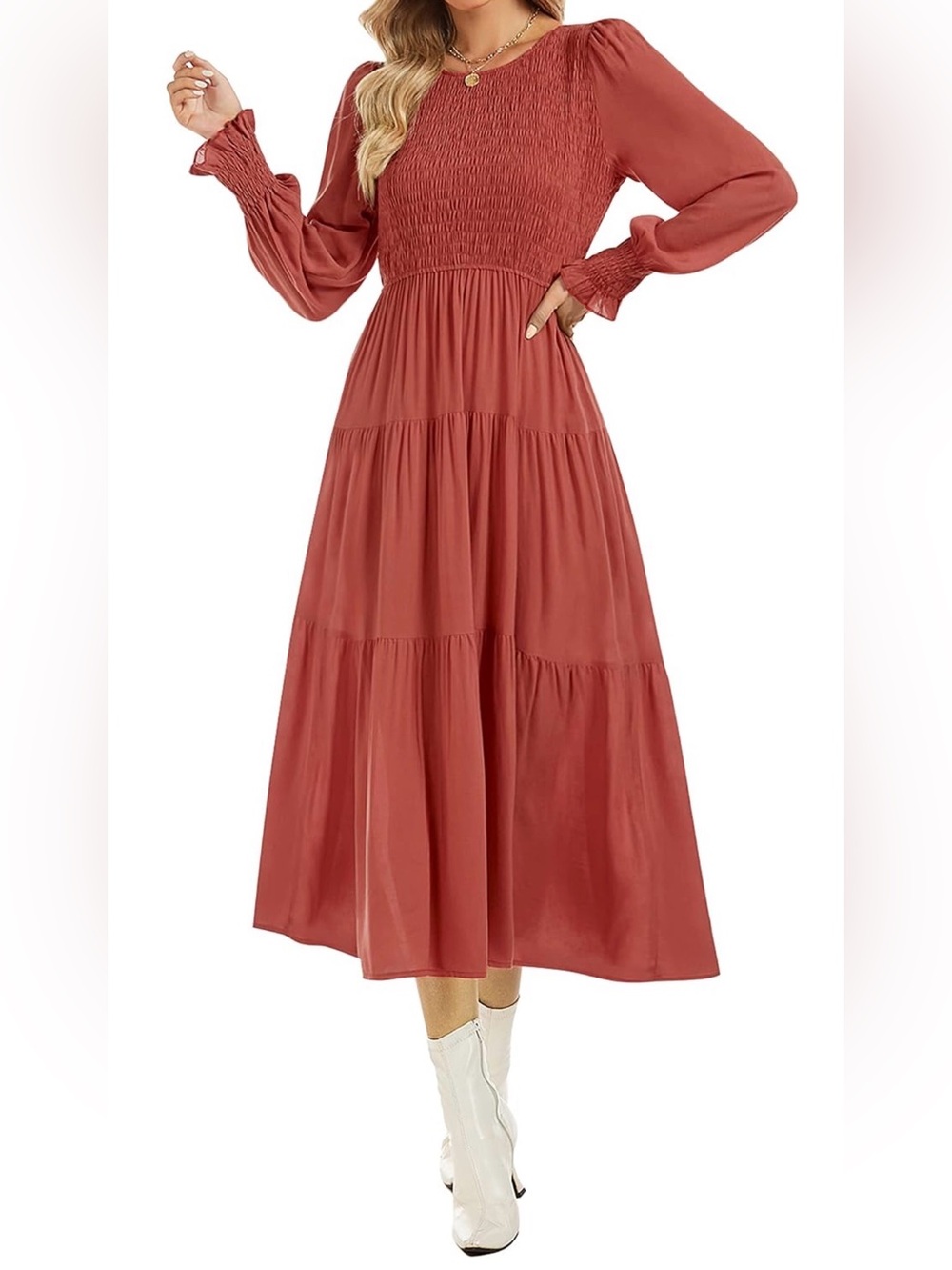 Funlingo Women's Casual Long Sleeve Dress Crew Neck High Waist Smocked Flowy Tie